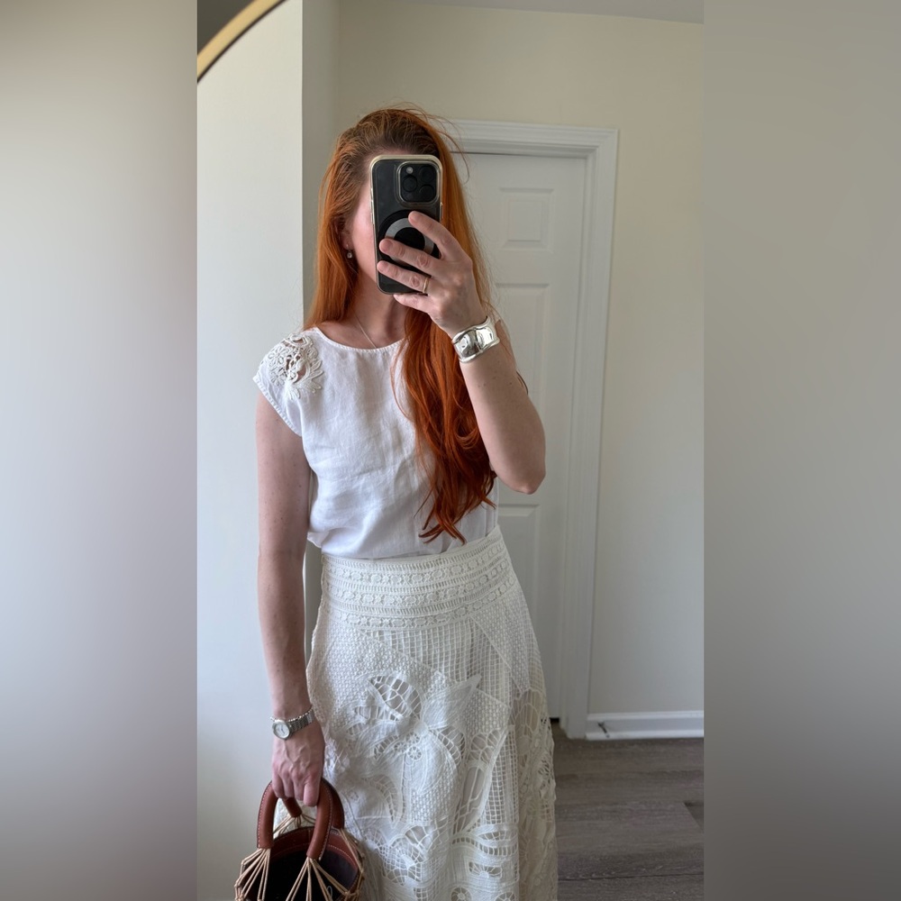 SISLEY 100% Linen White Lace Cap Sleeve Top size S - excellent condition